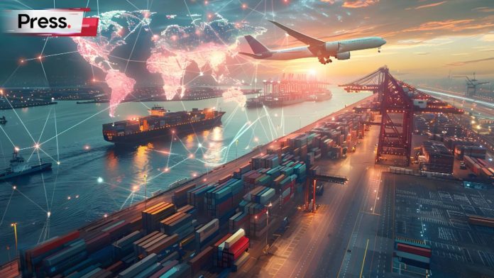 A picture of various forms of transportation moving about, from planes to trains to ships, all transporting goods, which demonstrates sustainable supply chain management.