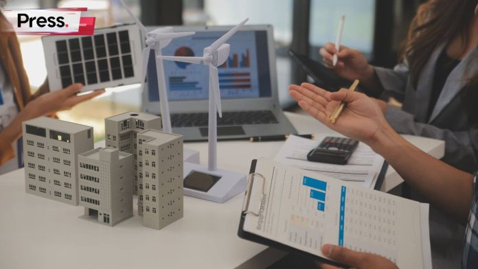 accounting staff office with businessman discussing new project installation solar cell panel on the roof of building alternative energy concept and thinking how to record this assets